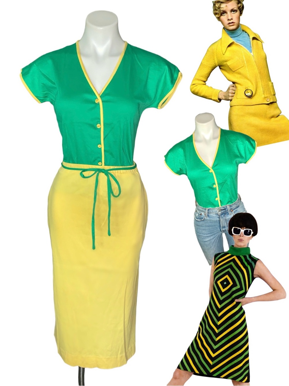 Vintage 70s Mod Matching Skirt Set Retro Hostess Outfit 2pc Colorblock Top